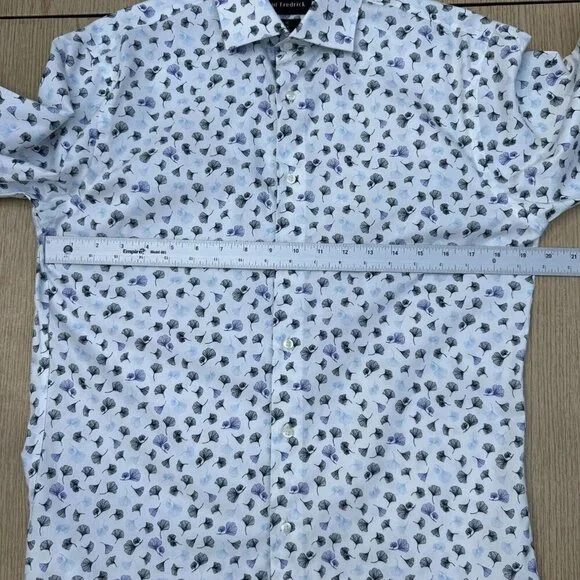 Paul Fredrick Slim Dress Shirt 15 White Blue Ginkgo Floral Flip Cuff Long Sleeve - Picture 9 of 10